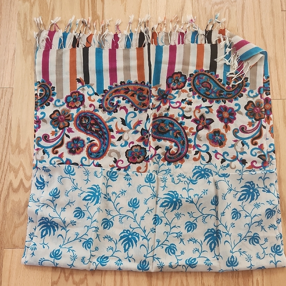 NWOT Blue and Pink Floral Scarf with Stripes and Paisley Design